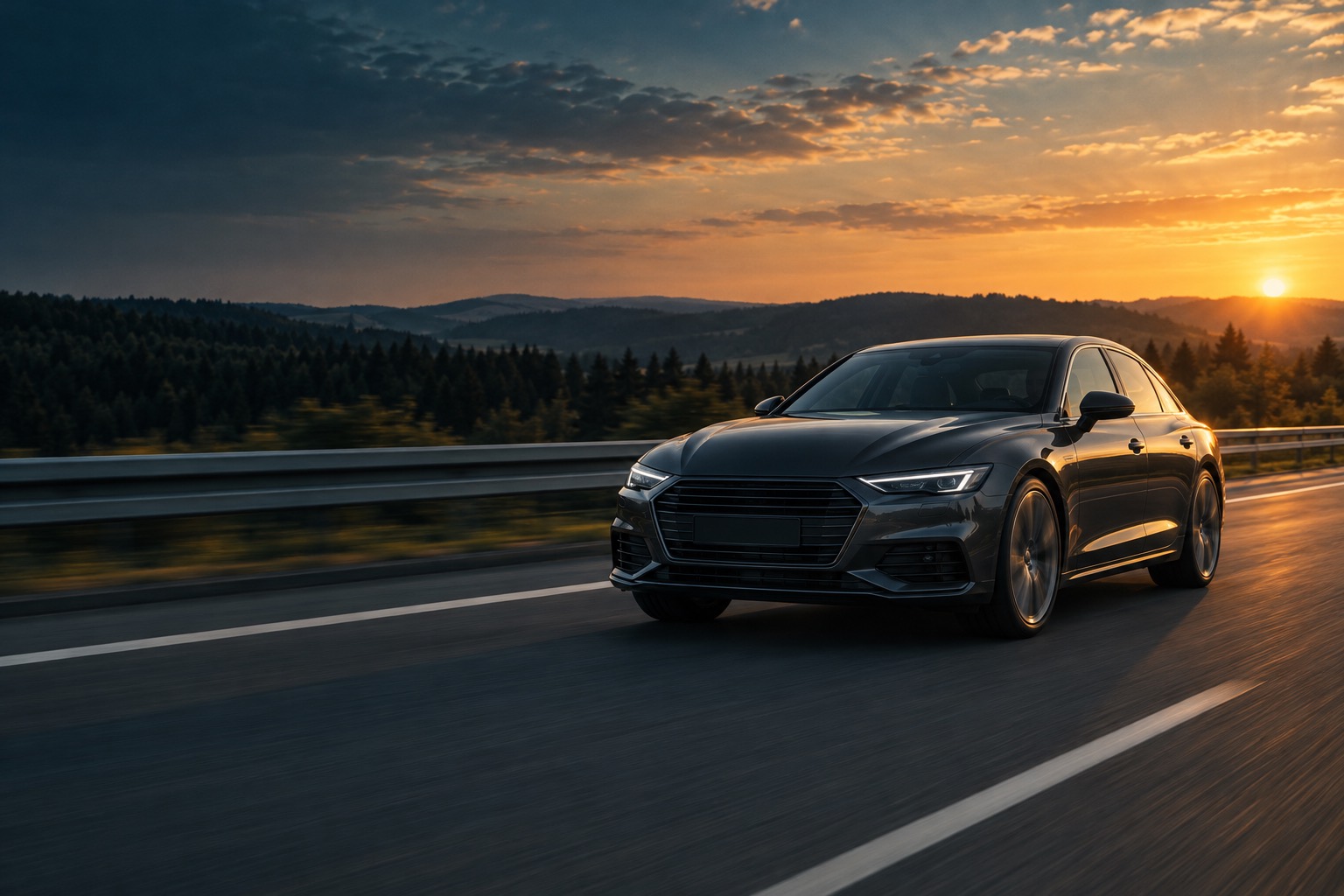 Limousine auf der Autobahn bei Sonnenuntergang
